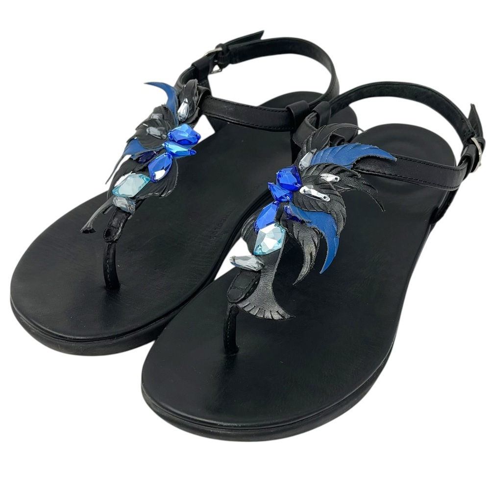 Fitflop Tia Dragonfly Black Toe thong Sandals With Blue Rhinestones Size 7